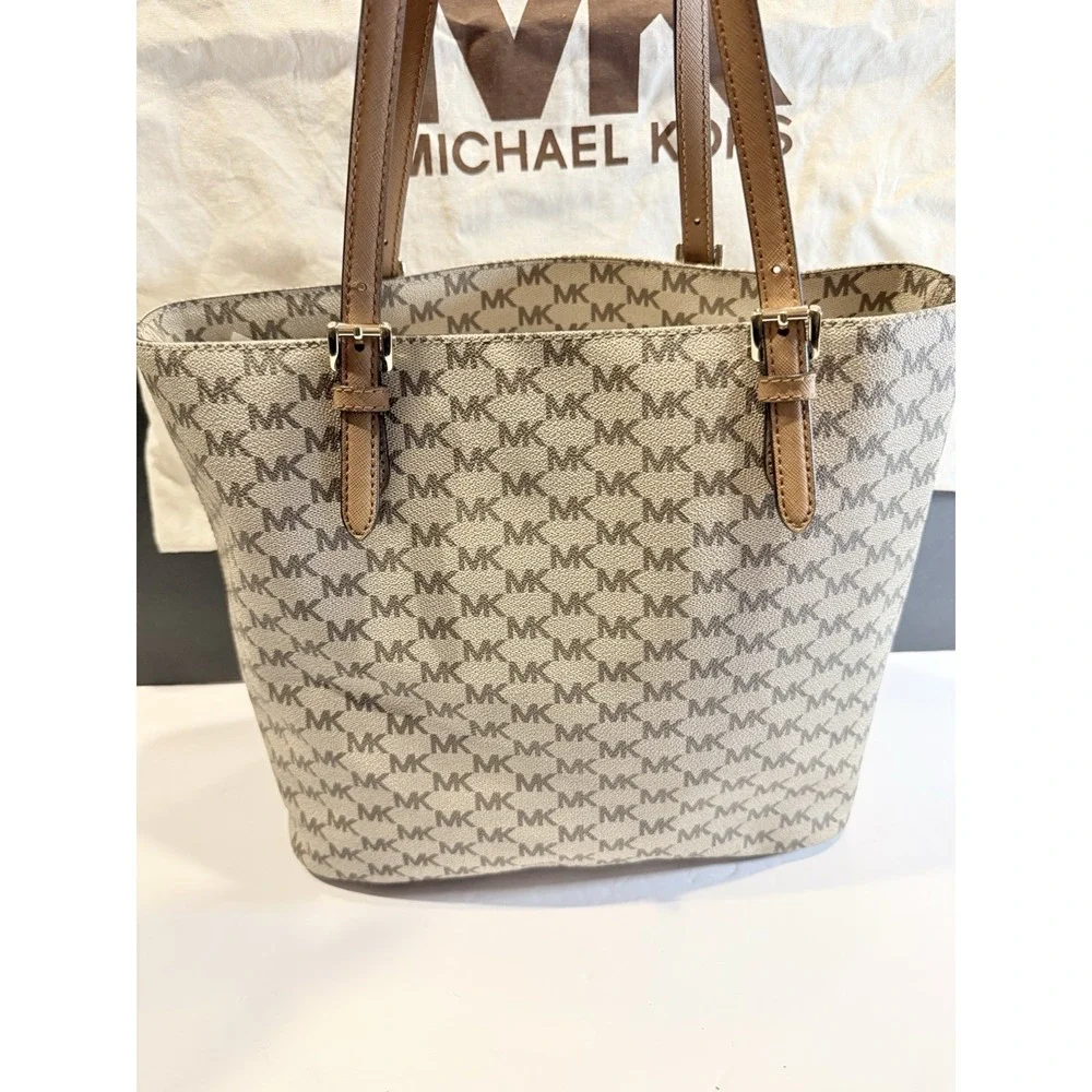 Michael Kors Jet Set Signature MK Logo Tote Bag Beige Brown Large Gold Hardware